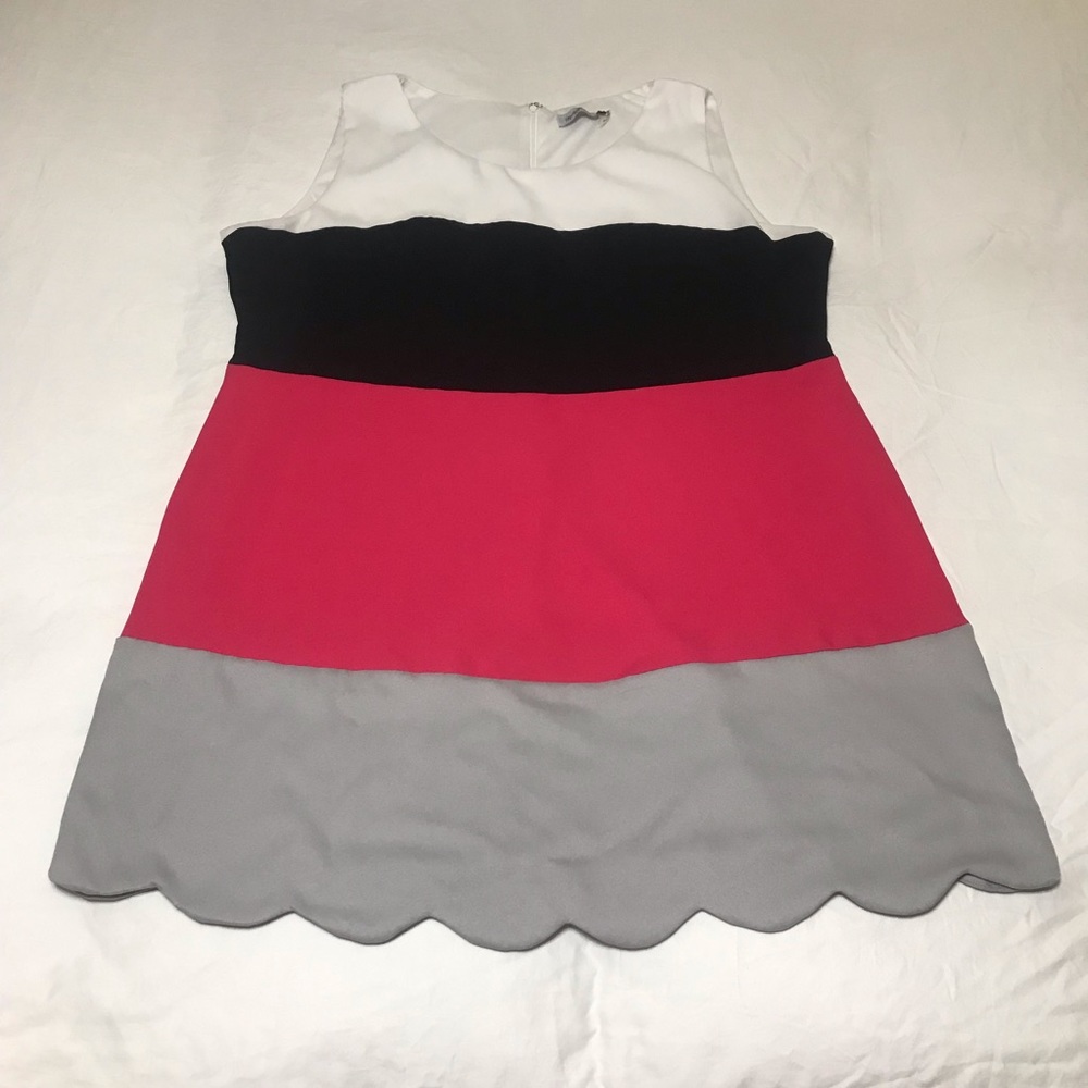 Perfectly Priscilla Tiered Black White Pink and Gray Scallop Hem Shift Dress